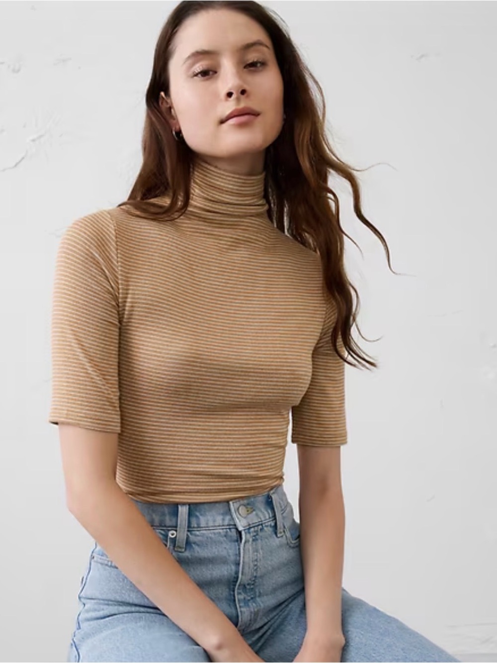 NWT Banana Republic Striped Ribbed Turtleneck Crop Top in Camel